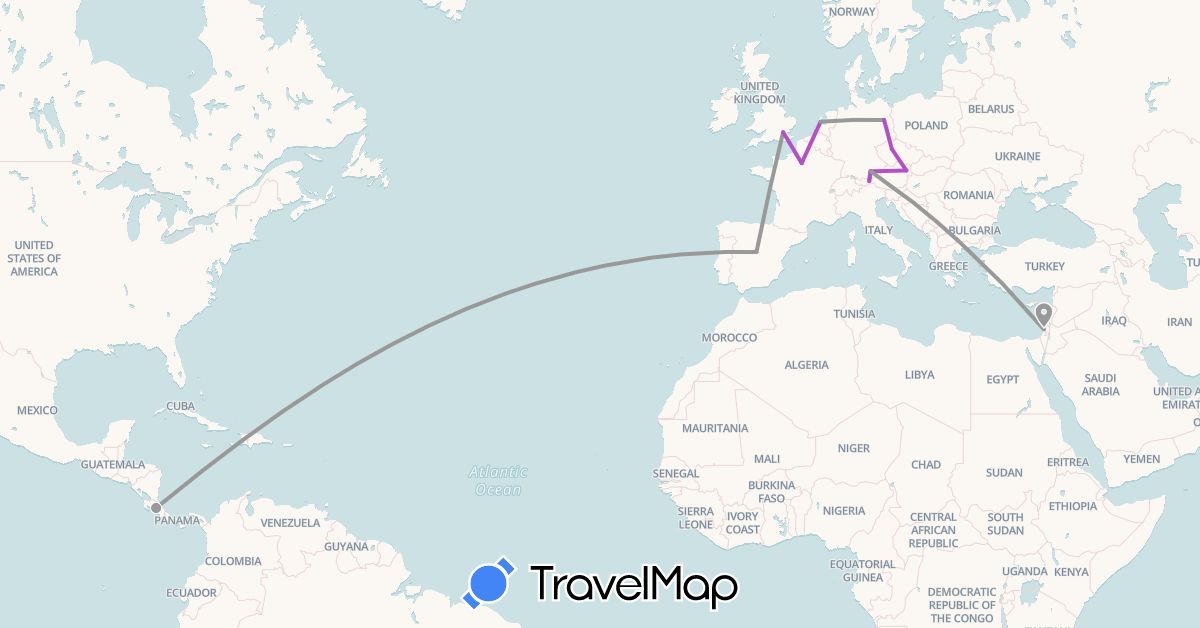 TravelMap itinerary: driving, plane, train in Austria, Costa Rica, Czech Republic, Germany, Spain, France, United Kingdom, Israel, Netherlands (Asia, Europe, North America)